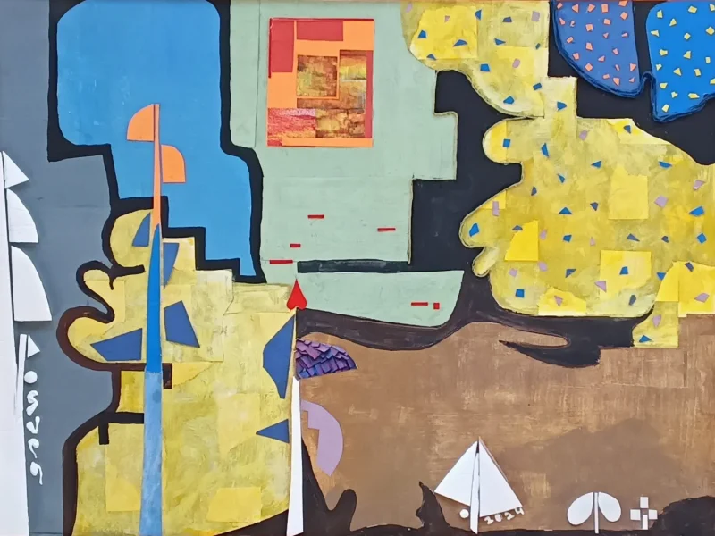 Moon and Six Pines 2024 Mixed-media Collage ~ 23” X 29”