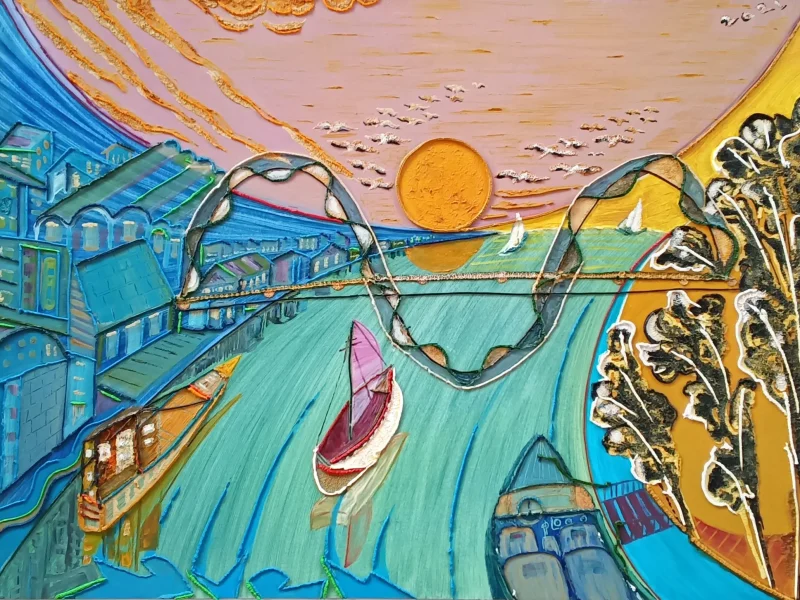 Sunset at the River Bridge 2021 Multi-layered Oil on Canvas ~ 35” X 39”