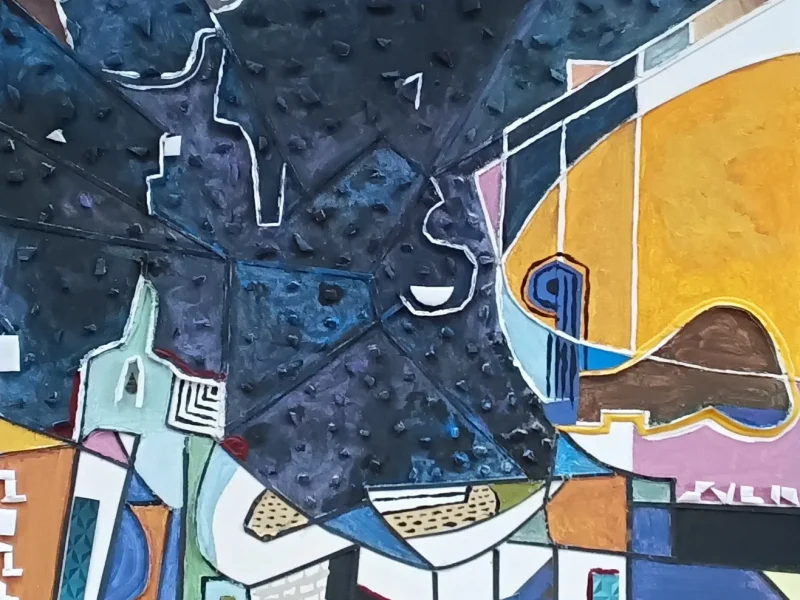 Small Town Moonrise 2024 Mixed-media Collage ~ 21” X 25”