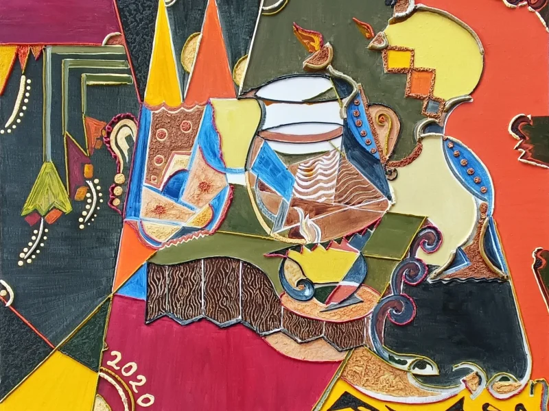 Teapot, Vase and Candle stand 202O Multi-layered Oil on Canvas ~ 28” X 34”