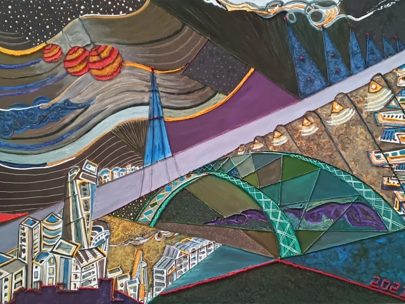 Three Moons over a River Town 2021 Multi-layered Oil on Canvas ~ 35” X 39”